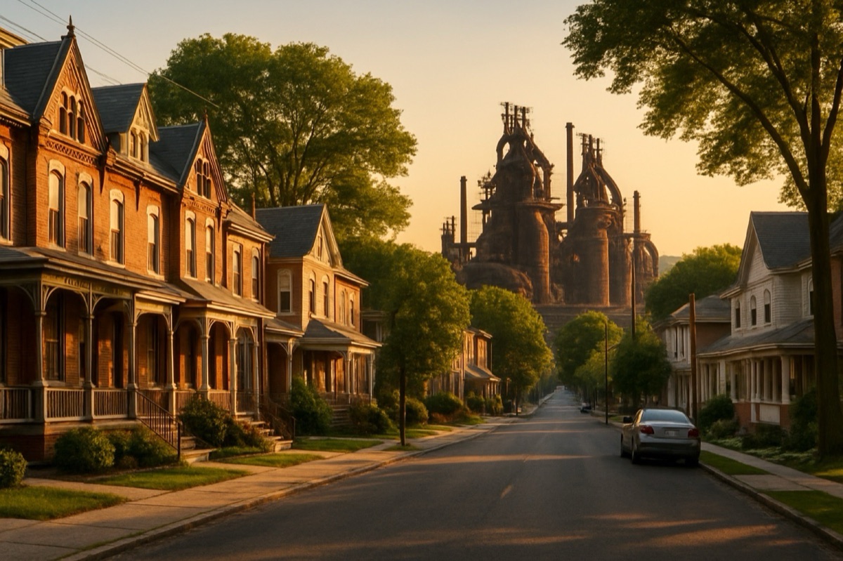Residential street with brick homes and industrial structures in the distance
