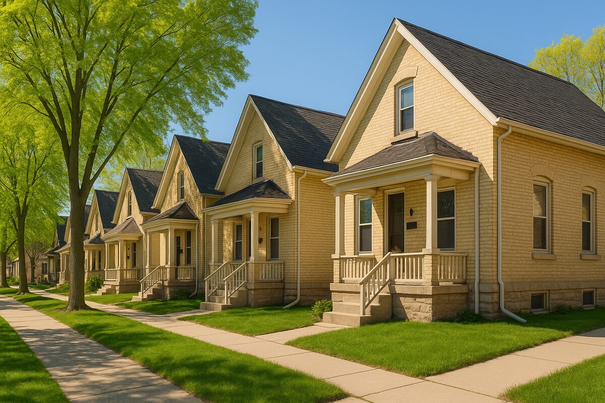 Racine WI cream brick cottage neighborhood on a clear day — Sell Your House Fast for Cash