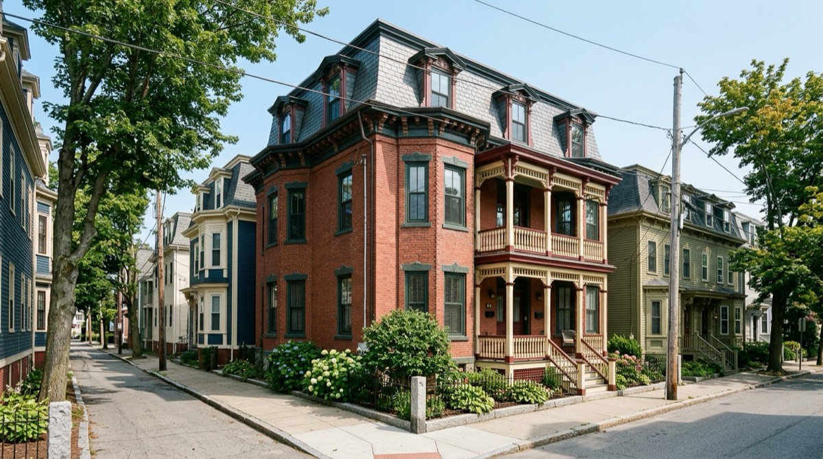 Victorian Second Empire home with a mansard roof on a Portland, Maine peninsula street — sell your house fast for cash