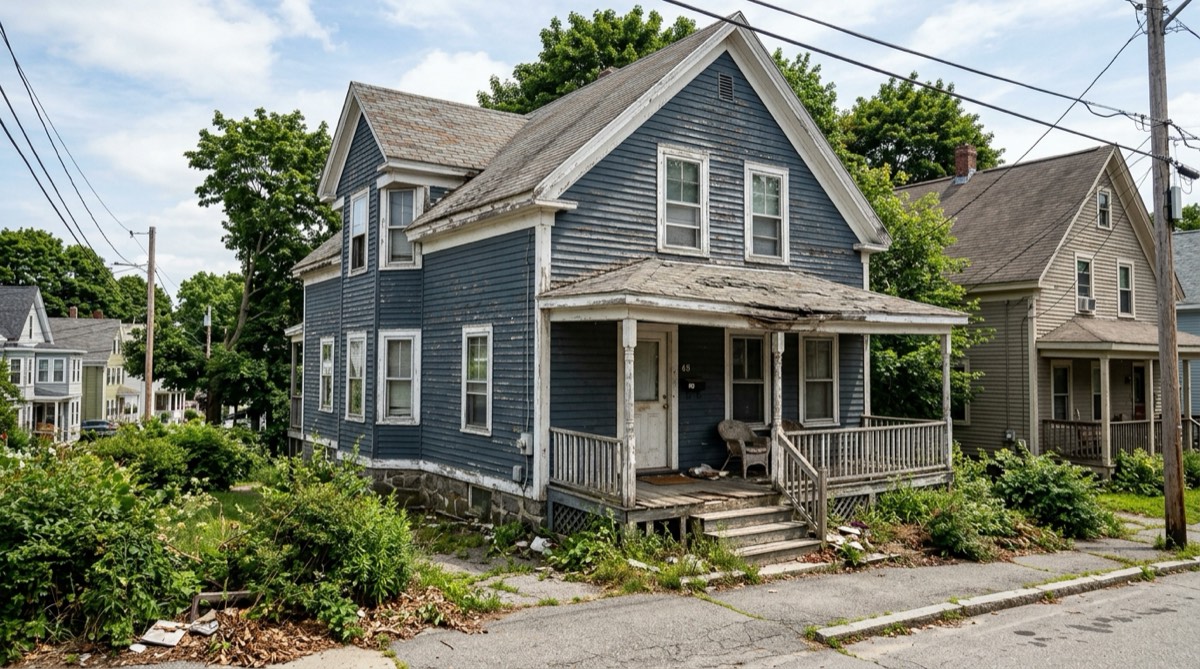 Weathered older Portland, Maine clapboard home with peeling paint and a deferred-maintenance porch — sold as-is for cash