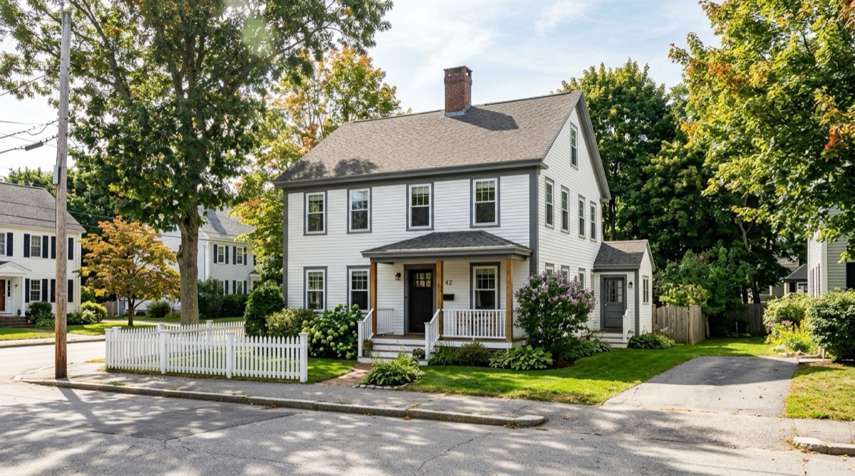 White clapboard New England colonial single-family home with a picket fence in an off-peninsula Portland, Maine neighborhood