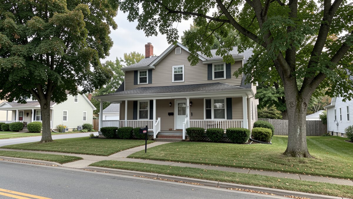 older modest Alma Michigan front-porch home on a quiet residential street