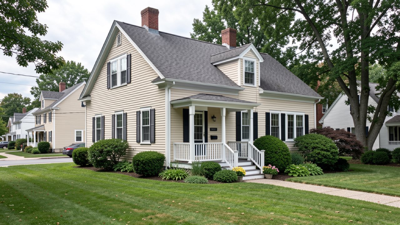 Ordinary older Amherst Massachusetts village house with a small porch and mature yard