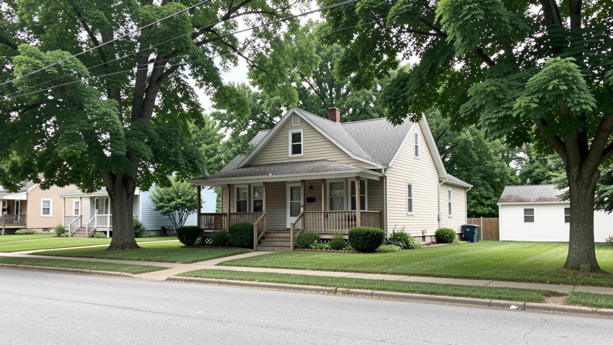 older modest Bay City Michigan front-porch home on a quiet residential street