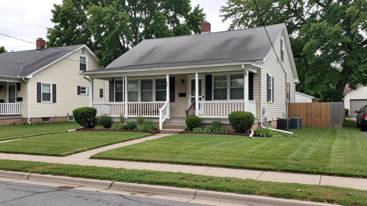 modest Bucyrus Ohio bungalow with front porch and small lawn on a quiet residential street