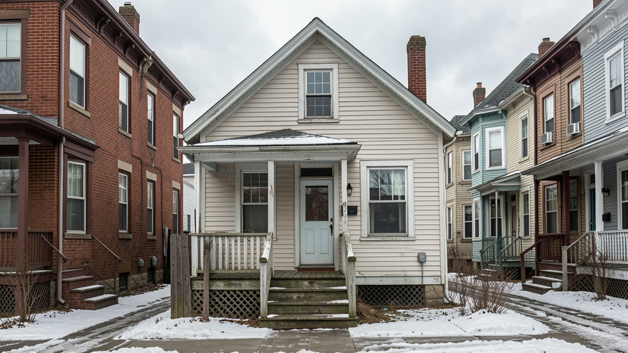 Modest early twentieth century Buffalo workers cottage on a dense residential block