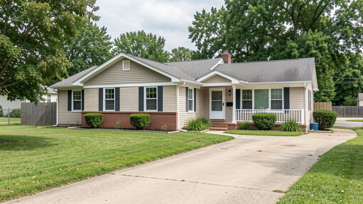 modest Charleston Illinois ranch or bungalow house with driveway and small yard