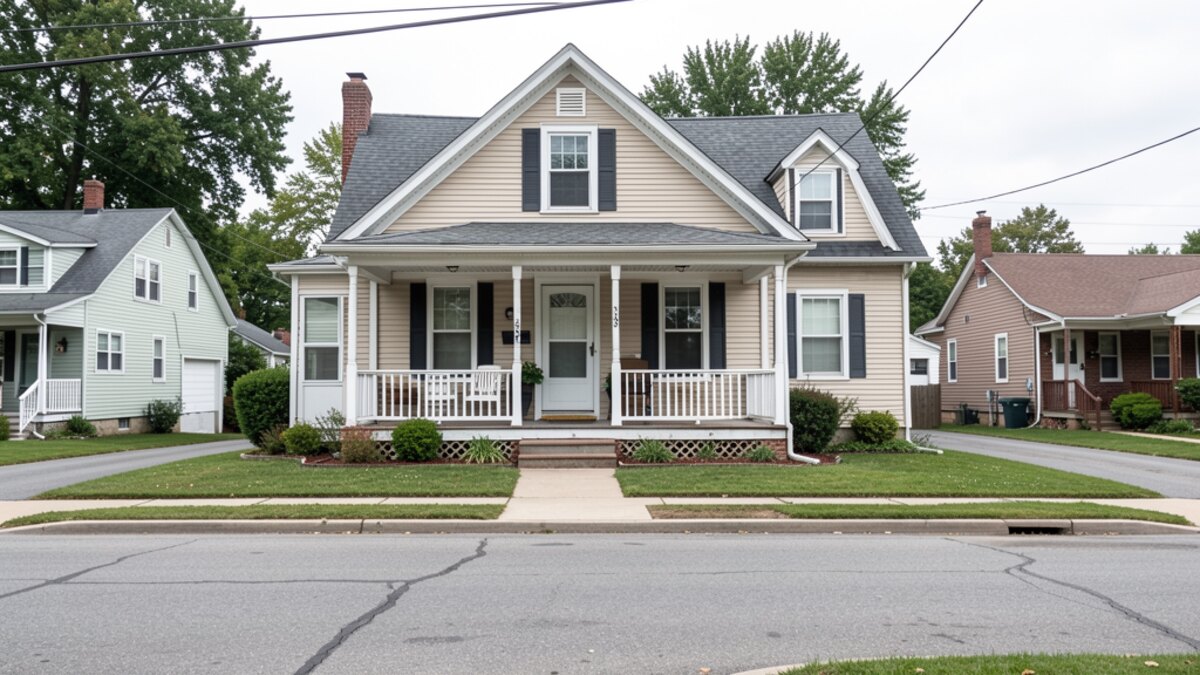 older modest Decatur Illinois front-porch home on a quiet residential street