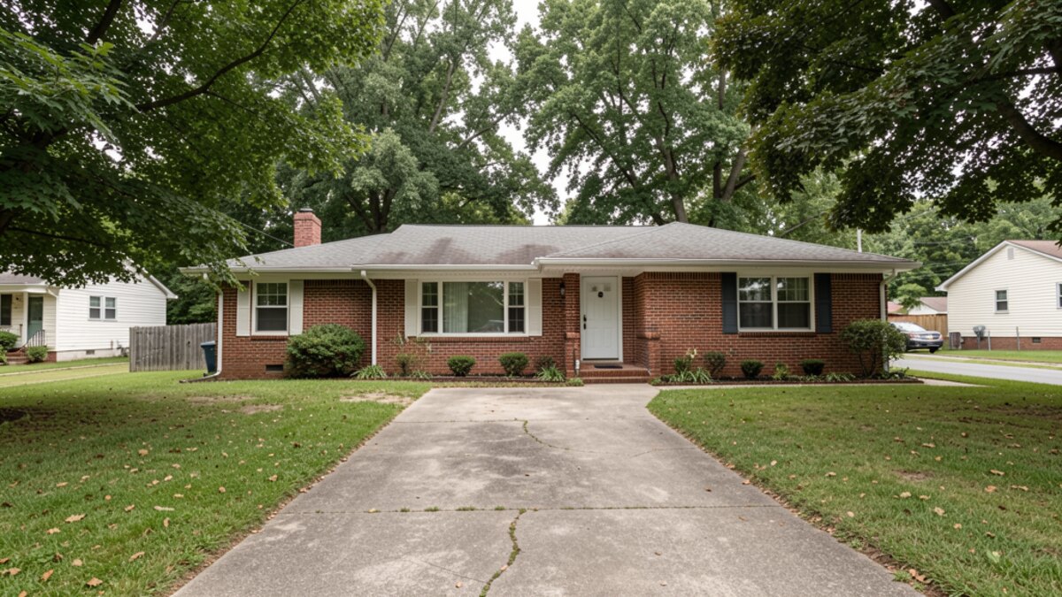 Durham North Carolina modest brick ranch house or bungalow with driveway and mature trees