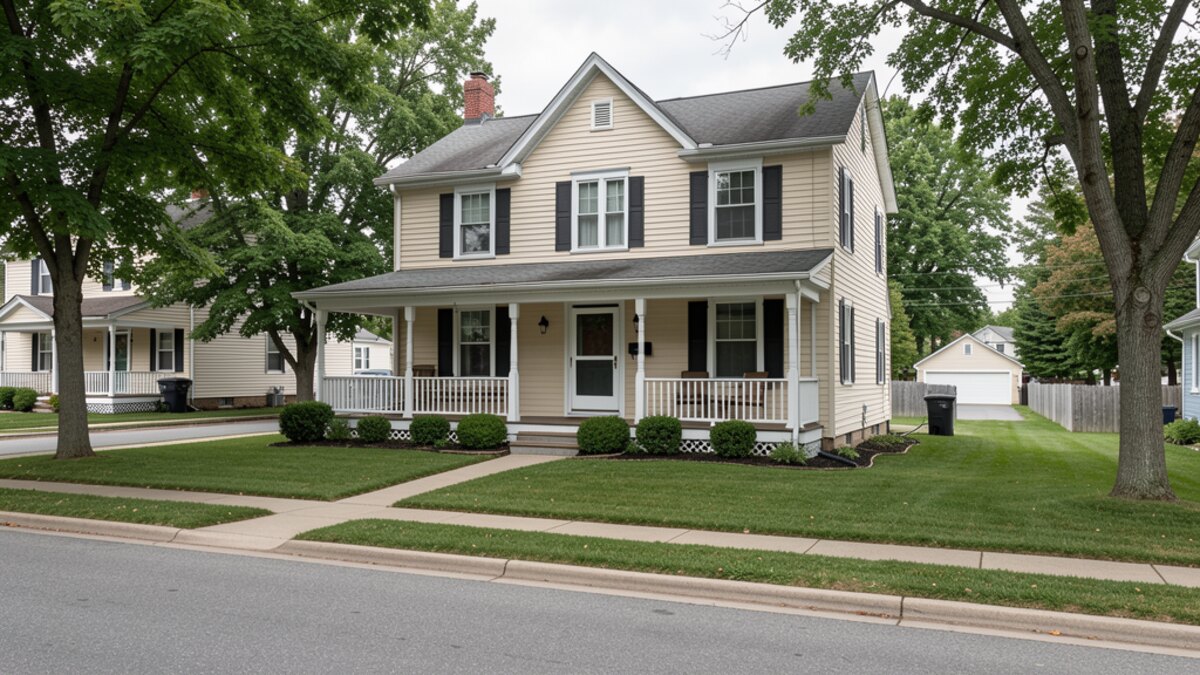 older modest Greencastle Indiana front-porch home on a quiet residential street