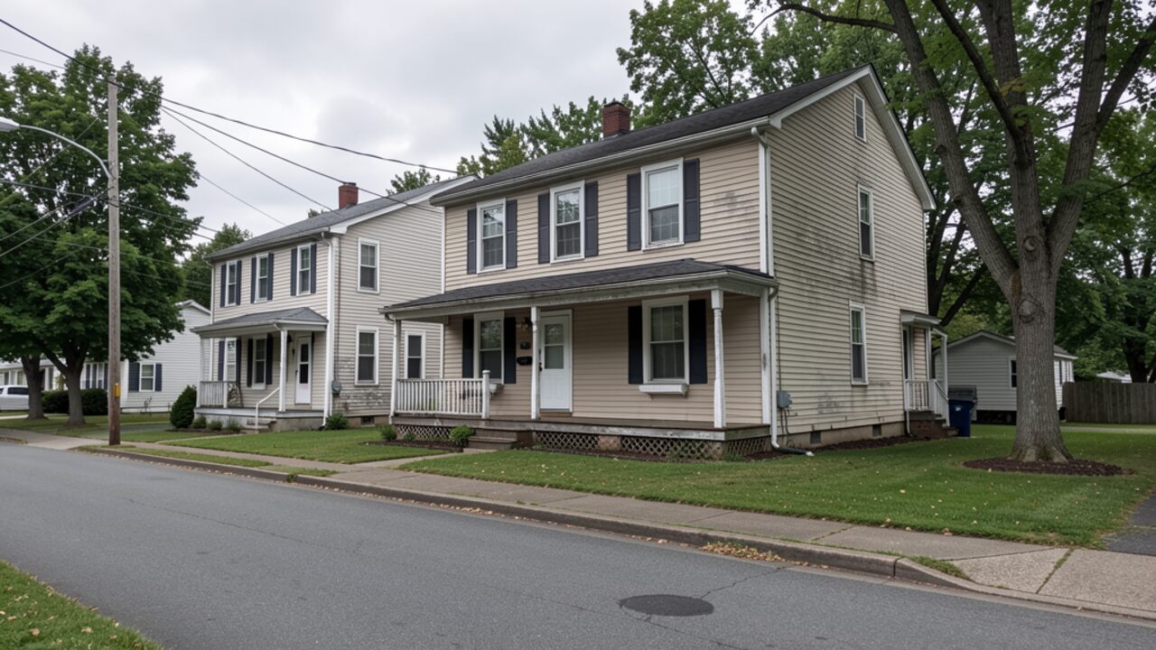 Greenfield Massachusetts two-family clapboard housing stock on an older residential block