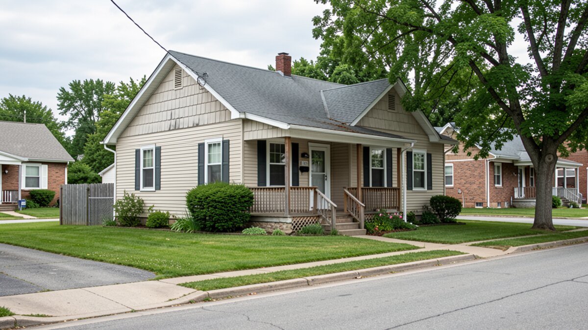 older modest Hastings Nebraska bungalow with small porch on a quiet residential street