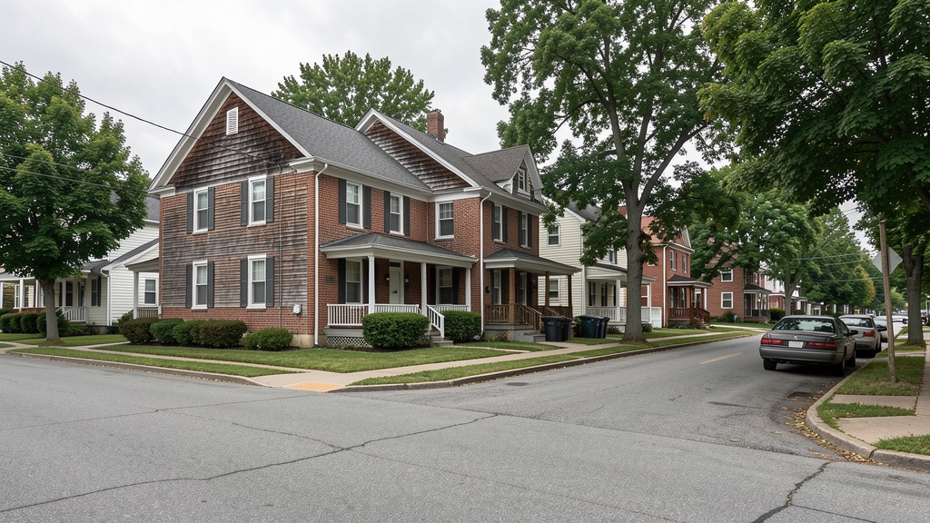 Ordinary small-town central Pennsylvania brick and frame homes near a downtown edge