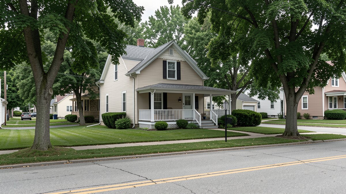 older modest Jackson Michigan front-porch home on a quiet residential street