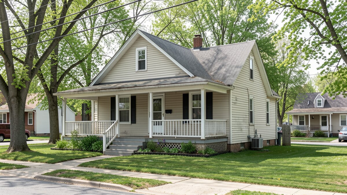 older modest Jasper Indiana front-porch home on a quiet residential street