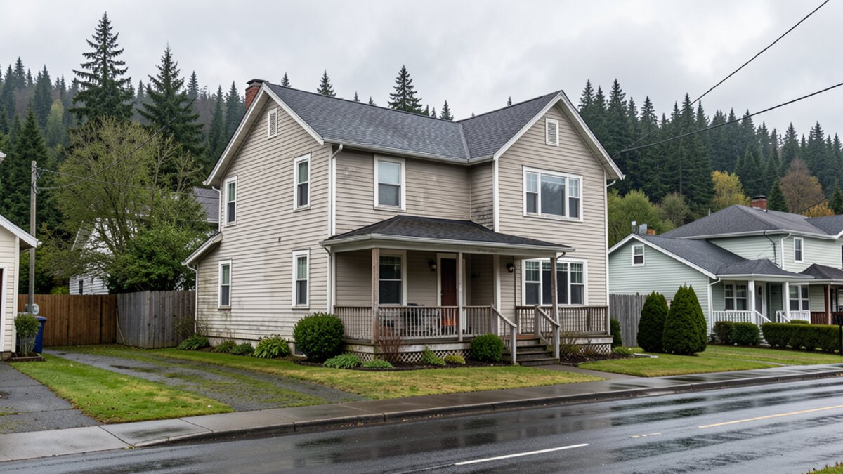 modest Juneau Alaska older two-story home with front porch and cloudy hillside neighborhood context