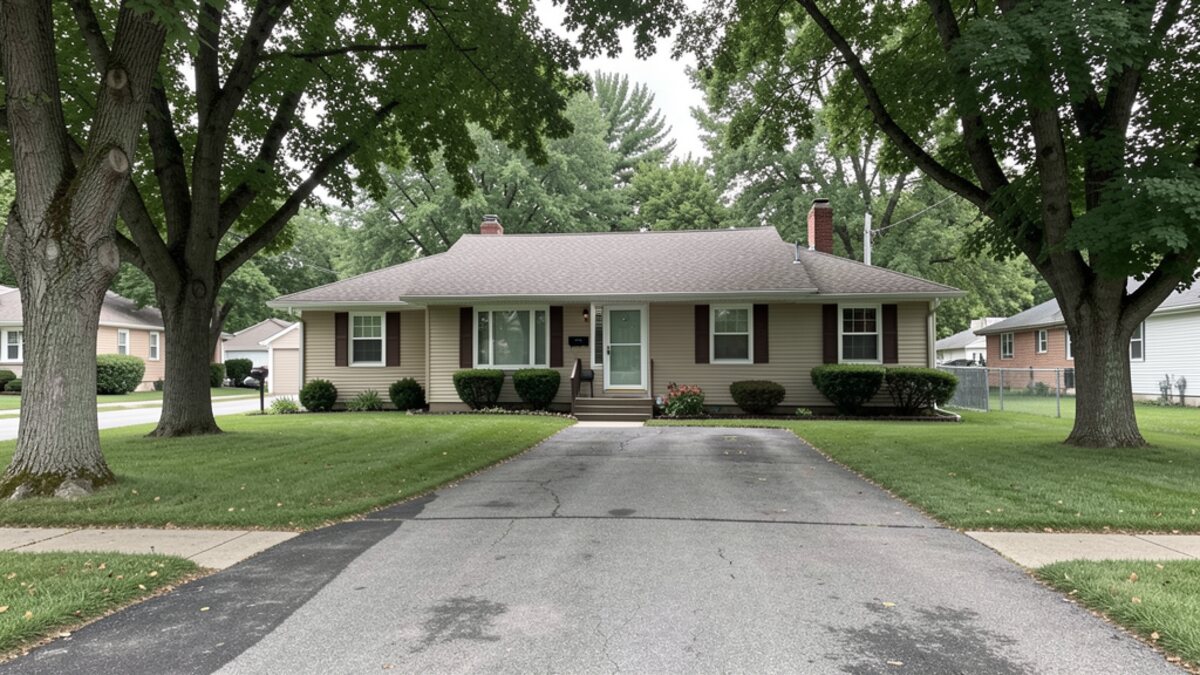 Modest Lansing Michigan ranch home with simple driveway and mature trees