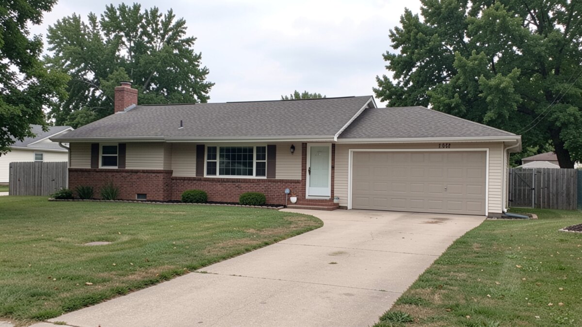 modest Lawrence Kansas ranch house with simple driveway and yard
