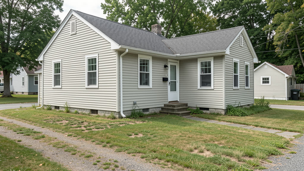 Modest Lewiston Maine Cape-style home with a small yard