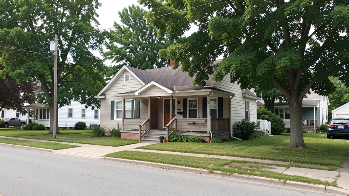 older Manitowoc Wisconsin bungalow with front porch on a quiet residential street