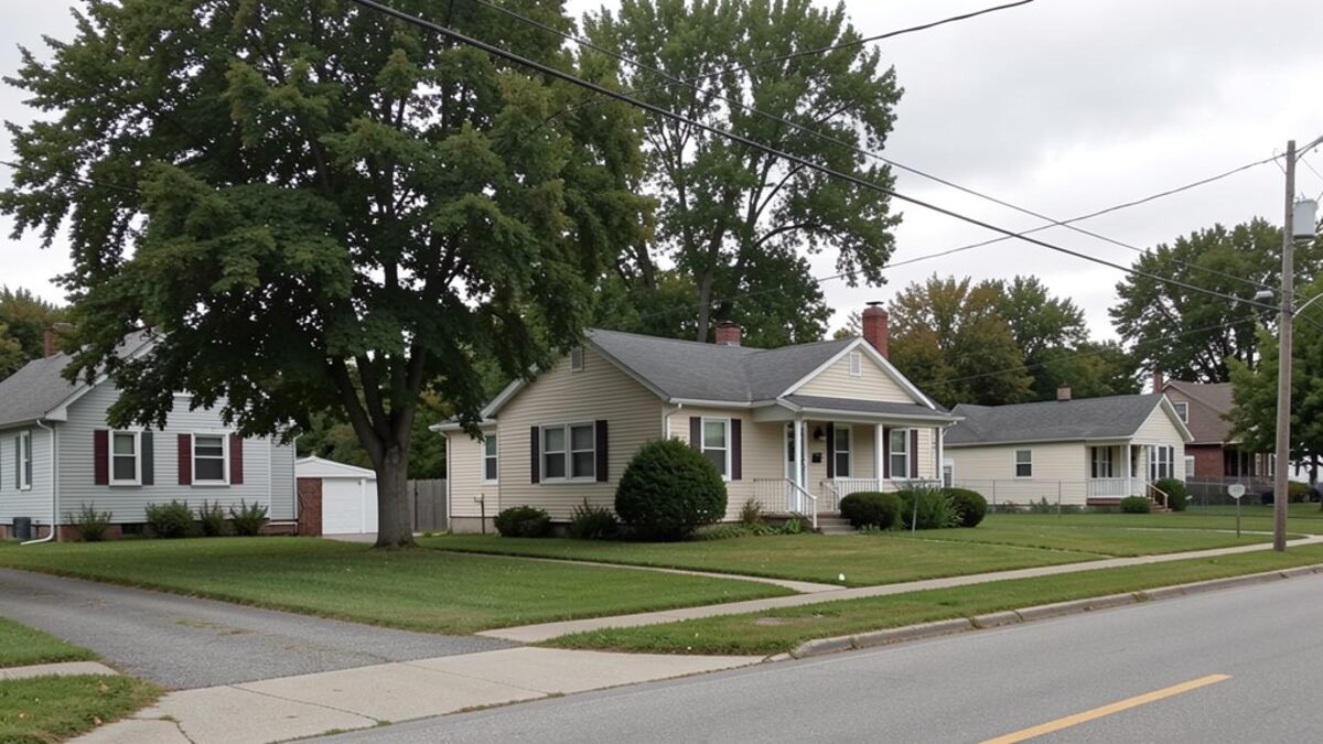 Modest Mankato Minnesota bungalow and colonial-style homes with mature street trees