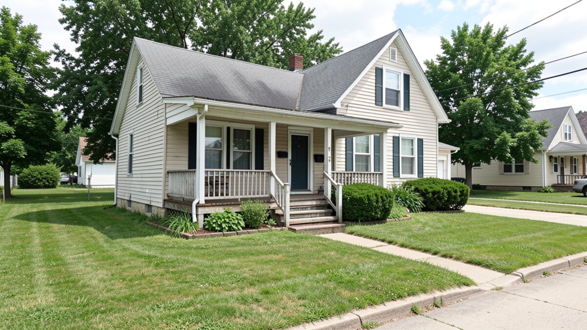 Marion Indiana small older porch house with compact yard and driveway