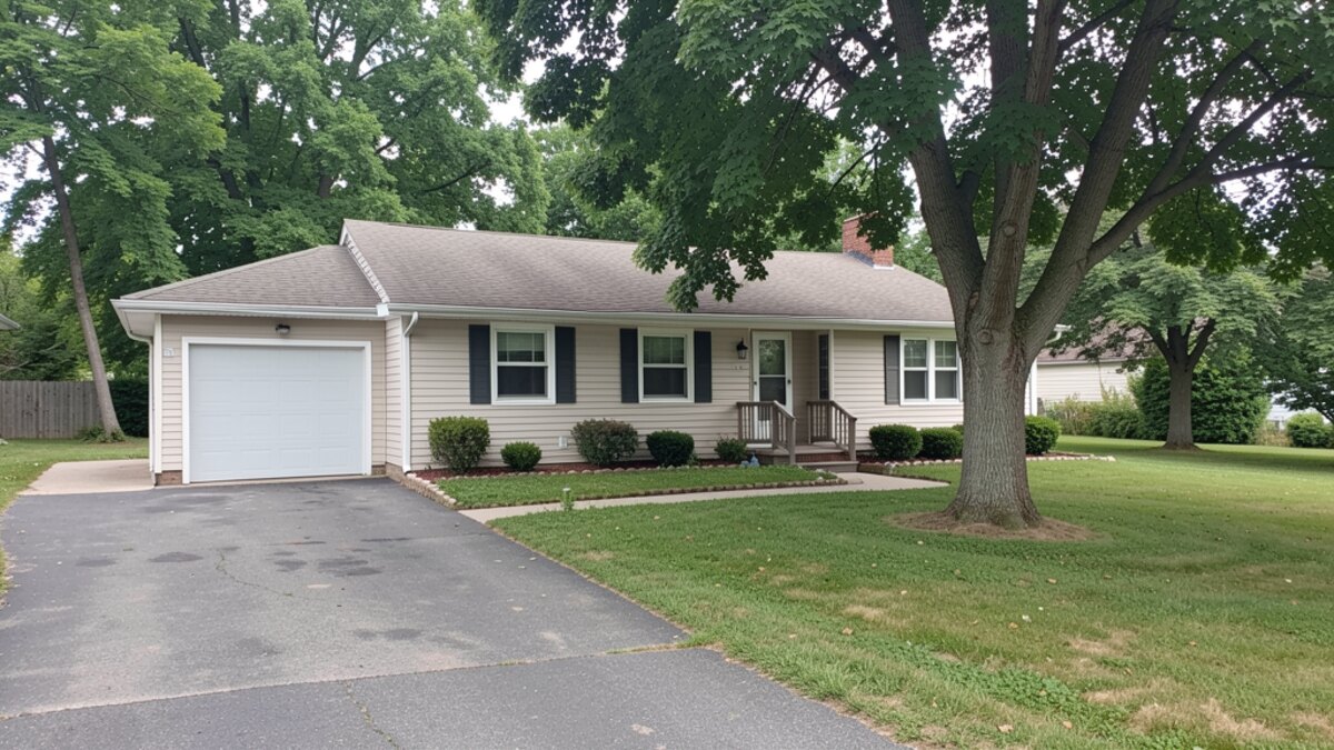 modest Midland Michigan ranch or bungalow with driveway and small yard
