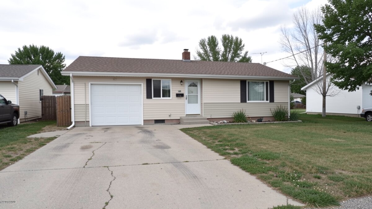 modest Minot North Dakota ranch or bungalow with driveway and small yard