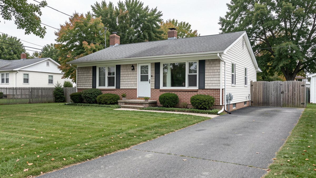 Muskegon Michigan small older bungalow or ranch house with compact yard and driveway