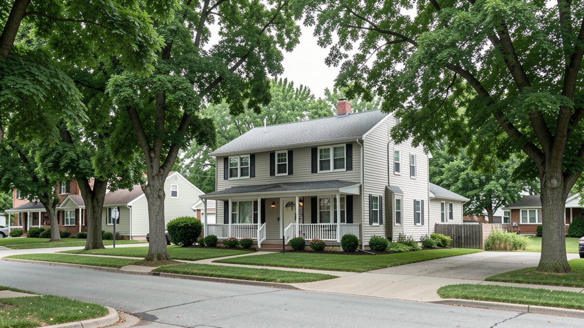 older modest Quincy Illinois two-story or bungalow home with small front porch on a quiet residential street
