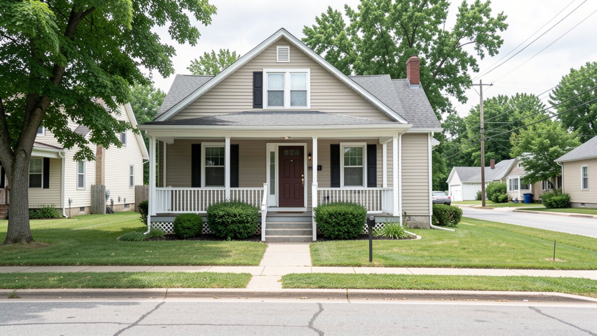 older modest Richmond Indiana front-porch home on a quiet residential street