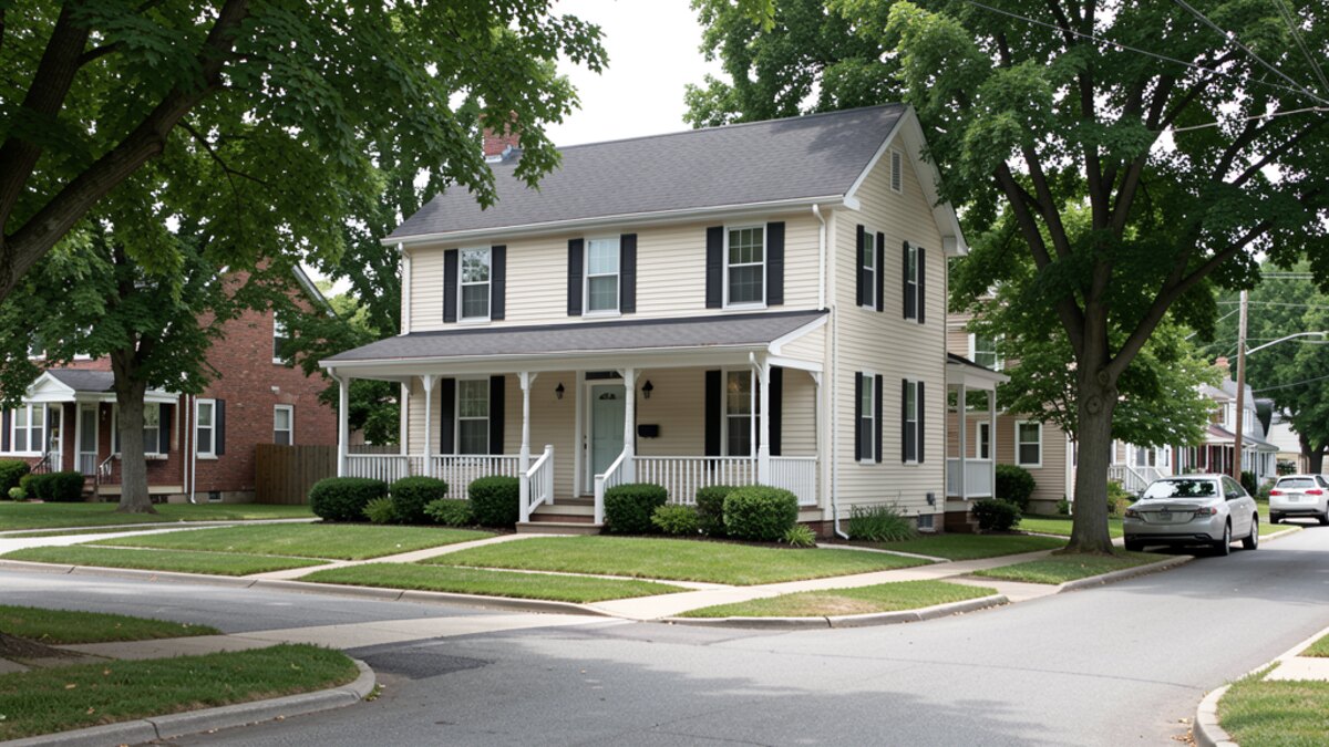 modest older Seneca Falls New York two-story home with front porch on a quiet village street