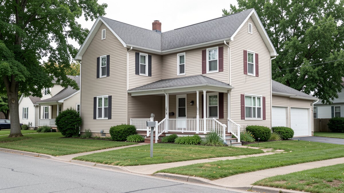 older modest Springfield Ohio bungalow or two-story home with front porch on a quiet residential street