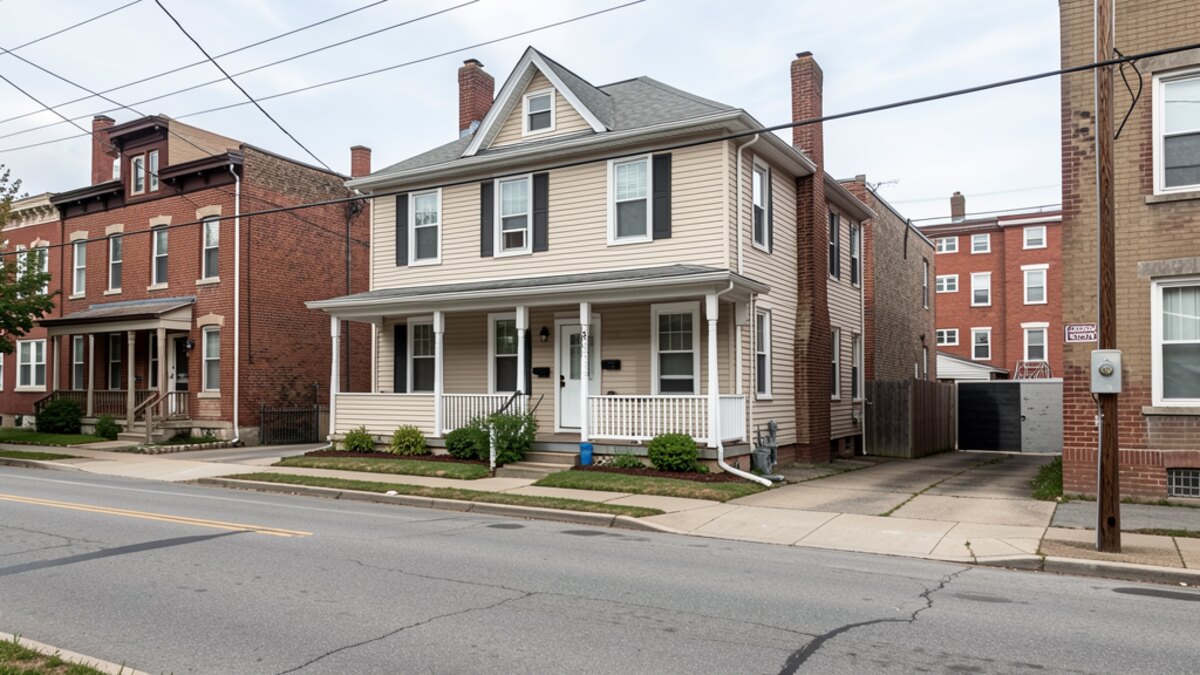 Utica New York small multifamily or duplex exterior on a quiet older block