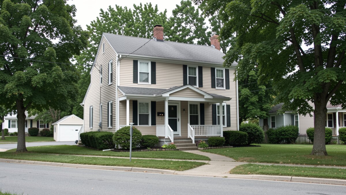 older modest Warren Pennsylvania bungalow with small front porch on a quiet residential street