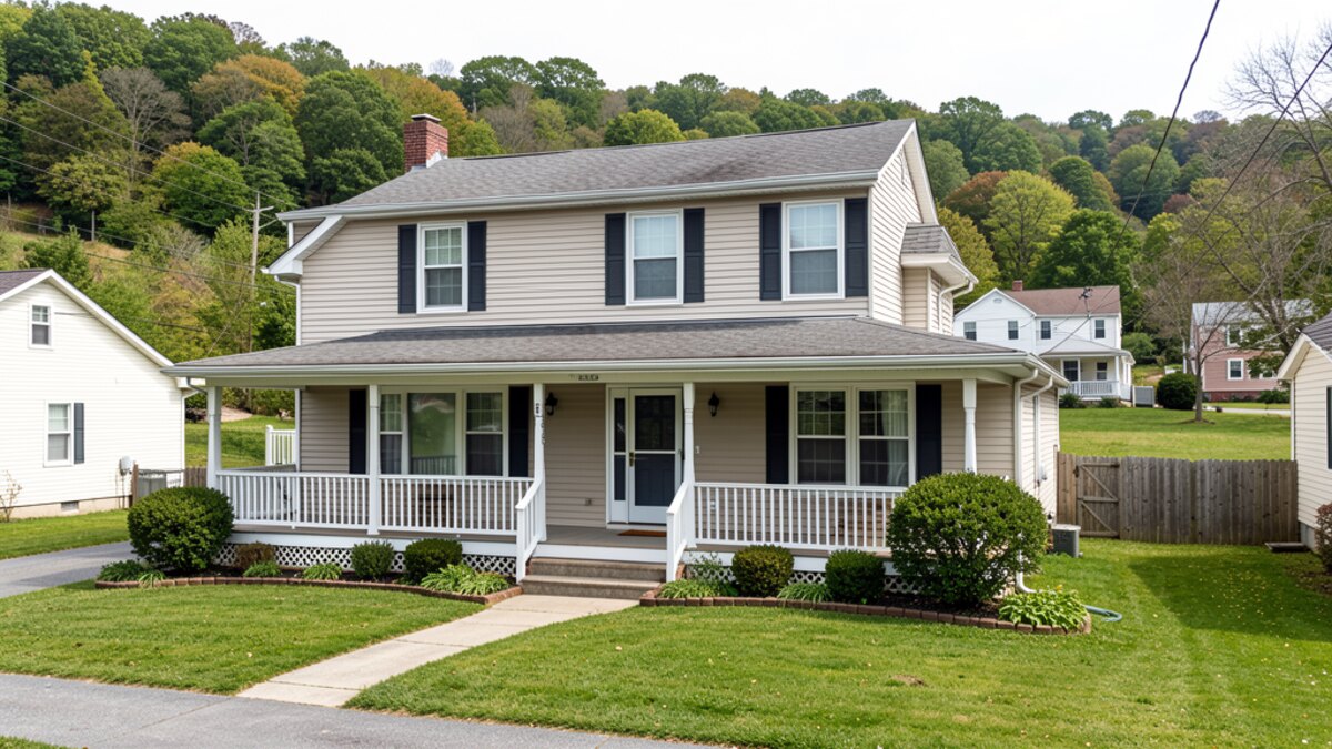 older modest Weirton West Virginia two-story or bungalow home with front porch on a quiet residential street