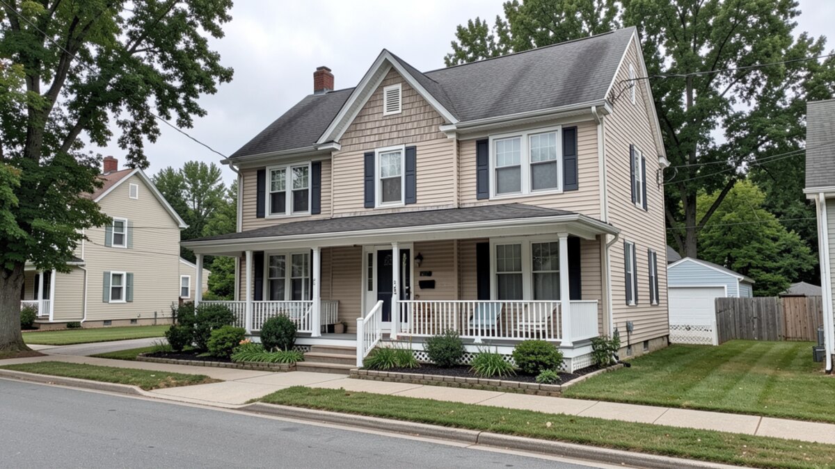 older modest Williamsport Pennsylvania two-story home with front porch on a quiet residential street