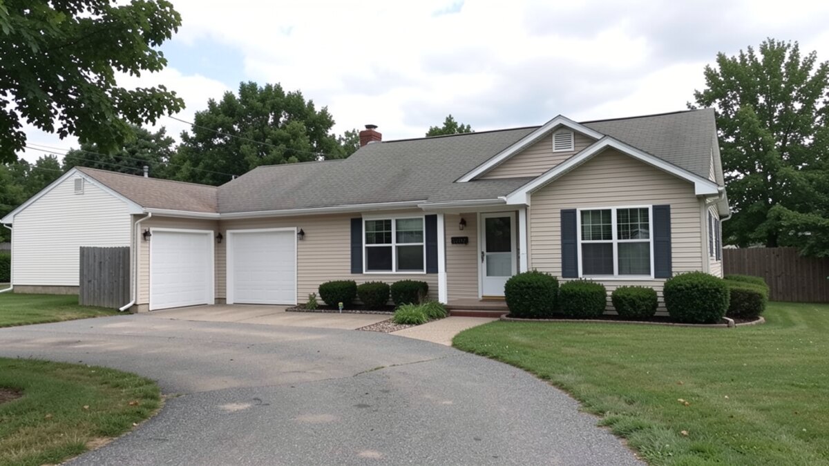 modest Wilmington Ohio ranch or Cape Cod house with driveway and small yard
